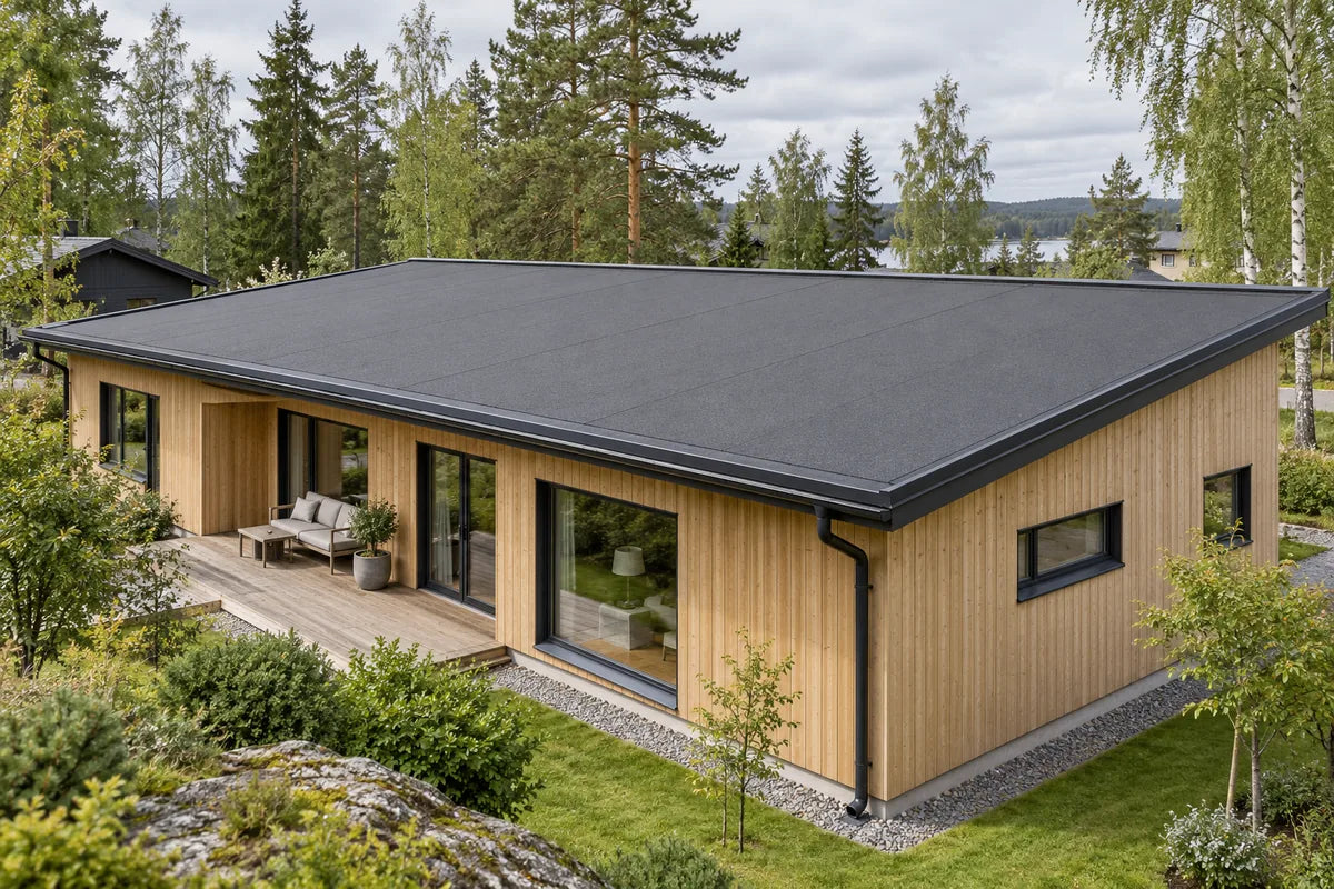 Puutalon loiva bitumikatto, reunapellitykset ja räystään vedenpoisto